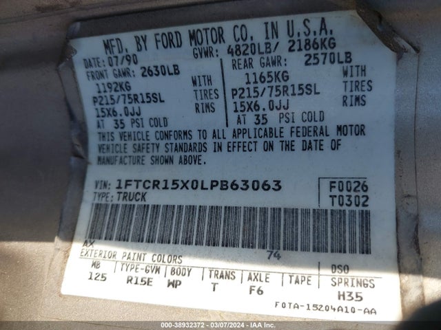 1990 FORD RANGER SUPER CAB VIN: 1FTCR15X0LPB63063