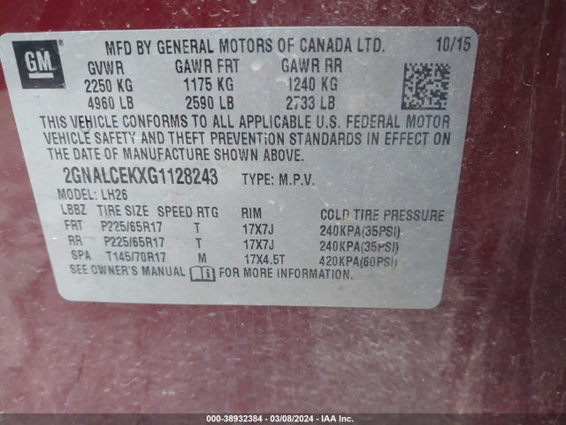 Chevrolet EQUINOX LT 2016 2GNALCEKXG1128243 Image 9