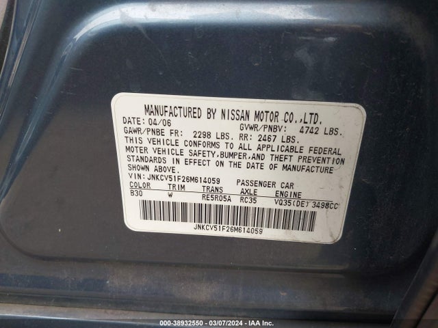 Aukcja sprzedaży 2006 Infiniti G35x, vin: JNKCV51F26M614059, numer aukcji: 38932550