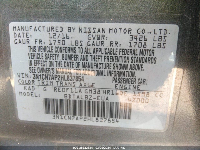 Nissan Versa 1.6 Sv 2017 3N1CN7AP2HL837854 Image 9