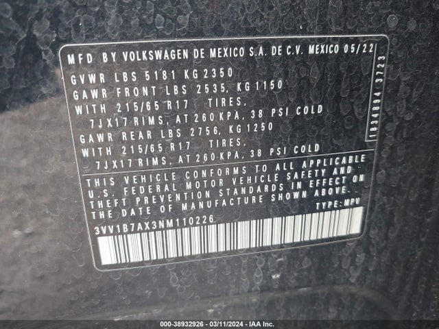 3VV1B7AX3NM110226 Volkswagen Tiguan 2.0t S