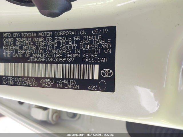 Toyota PRIUS XLE 2019 JTDKARFU2K3088989 Image 9