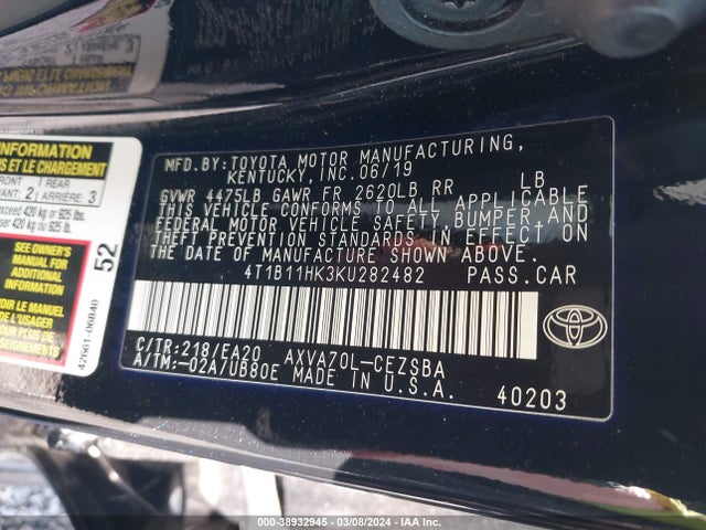 Toyota CAMRY SE 2019 4T1B11HK3KU282482 Image 9