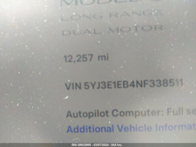 5YJ3E1EB4NF338511 Tesla Model 3 Long Range Dual Motor All-wheel Drive