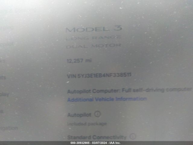 5YJ3E1EB4NF338511 Tesla Model 3 Long Range Dual Motor All-wheel Drive