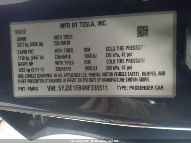 5YJ3E1EB4NF338511 Tesla Model 3 Long Range Dual Motor All-wheel Drive
