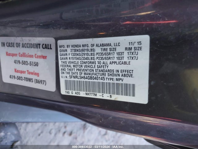 Honda Odyssey Ex-l 2016 5FNRL5H64GB040145 Image 9