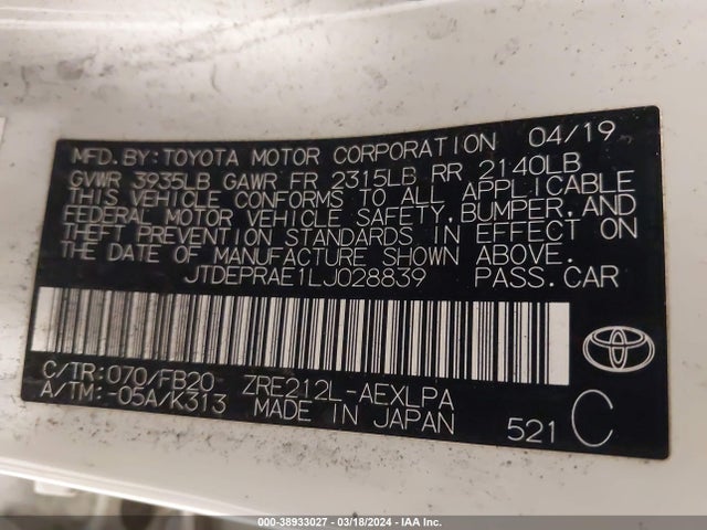 Toyota COROLLA LE 2020 JTDEPRAE1LJ028839 Image 9