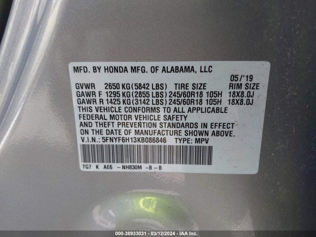 Honda PILOT LX 2019 5FNYF6H13KB086846 Image 9