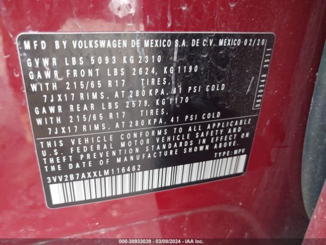 3VV2B7AXXLM116462 Volkswagen Tiguan 2.0t Se/2.0t Se R-line Black/2.0t Sel