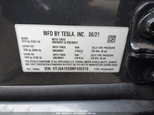 5YJSA1E53MF432315 Tesla Model S Long Range Dual Motor All-wheel Drive