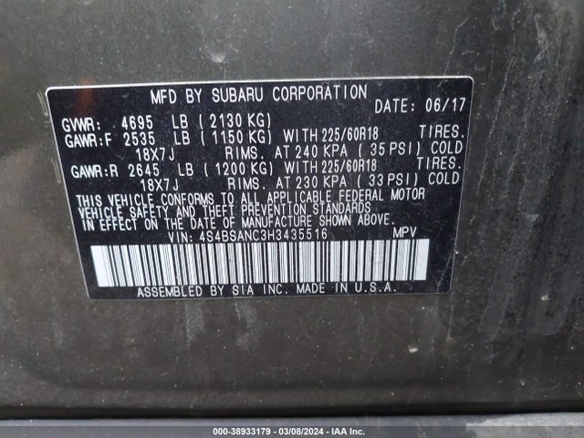 Subaru Outback 2.5i Limited 2017 4S4BSANC3H3435516 Image 9