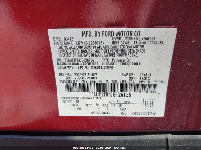 Ford Taurus Limited 2018 1FAHP2F84JG126156 Image 9