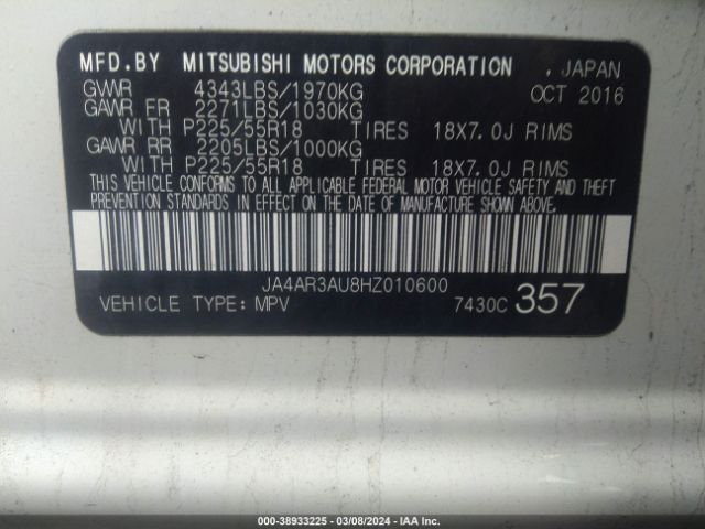 JA4AR3AU8HZ010600 Mitsubishi Outlander Sport 2.0 Es