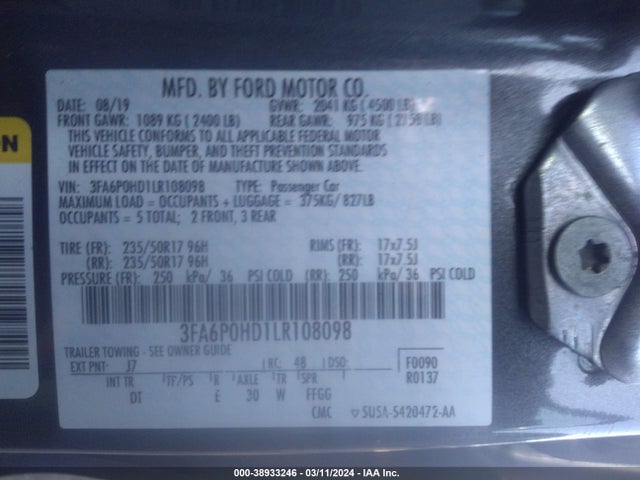 Ford FUSION SE 2020 3FA6P0HD1LR108098 Image 9