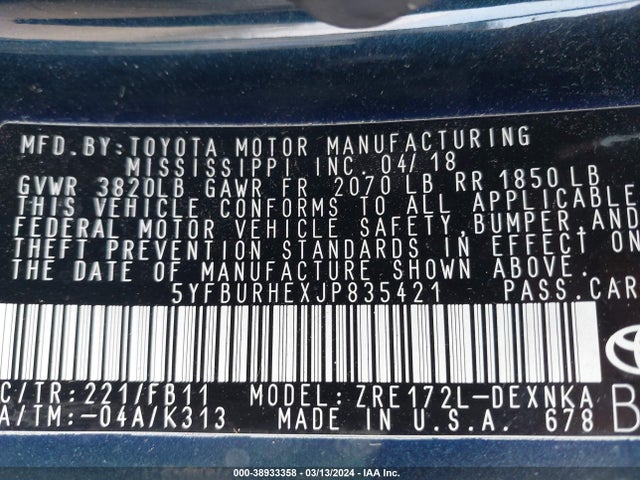 Toyota COROLLA LE 2018 5YFBURHEXJP835421 Image 9