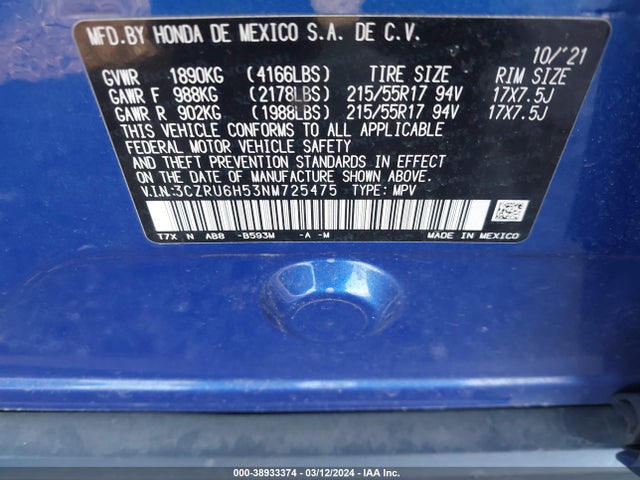 Honda Hr-v Awd Ex 2022 3CZRU6H53NM725475 Image 9