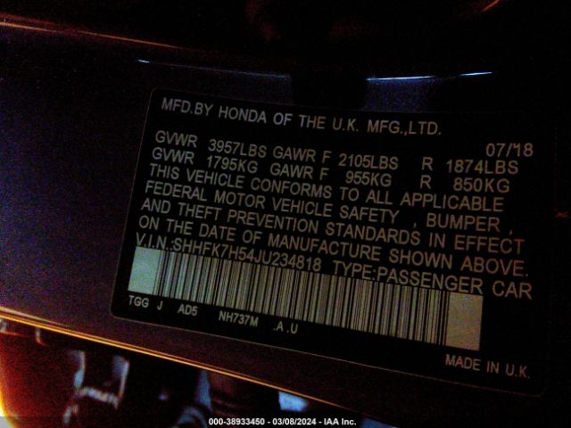 SHHFK7H54JU234818 Honda CIVIC EX