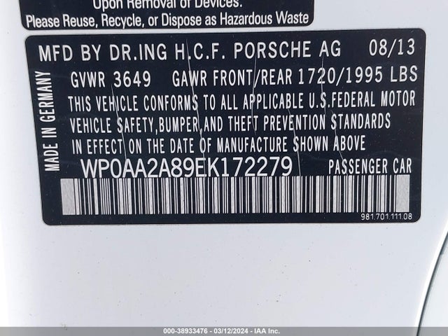 2014 PORSCHE CAYMAN WP0AA2A89EK172279 Photo 8