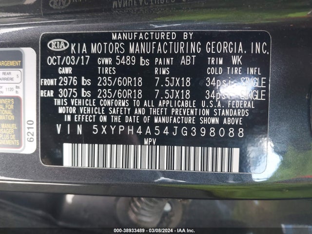KIA Sorento 3.3l Ex 2018 5XYPH4A54JG398088 Image 9