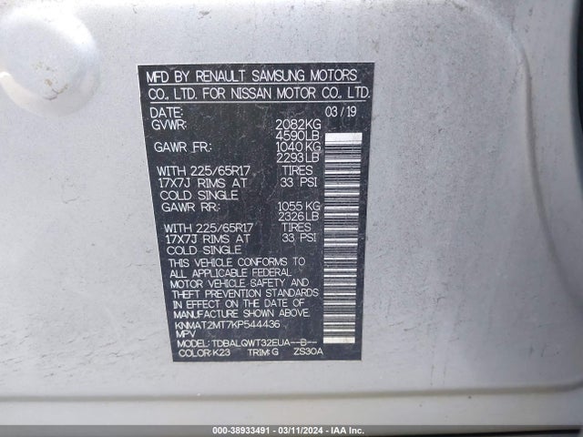 Nissan ROGUE SV 2019 KNMAT2MT7KP544436 Image 9