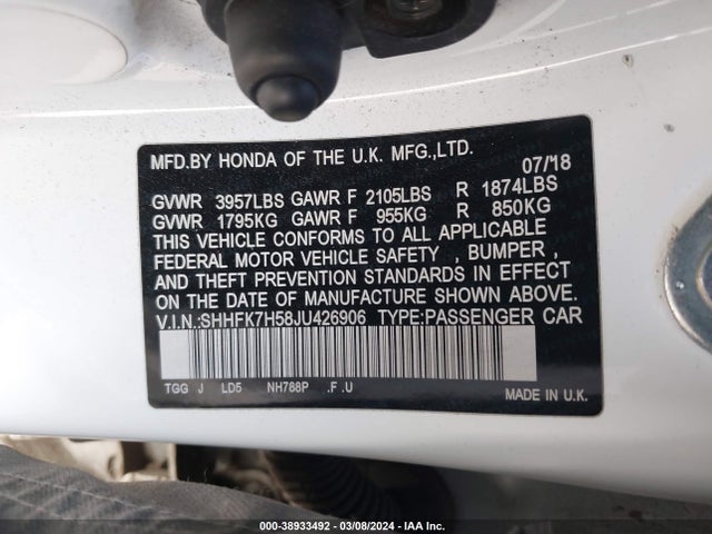 Honda CIVIC EX 2018 SHHFK7H58JU426906 Image 9
