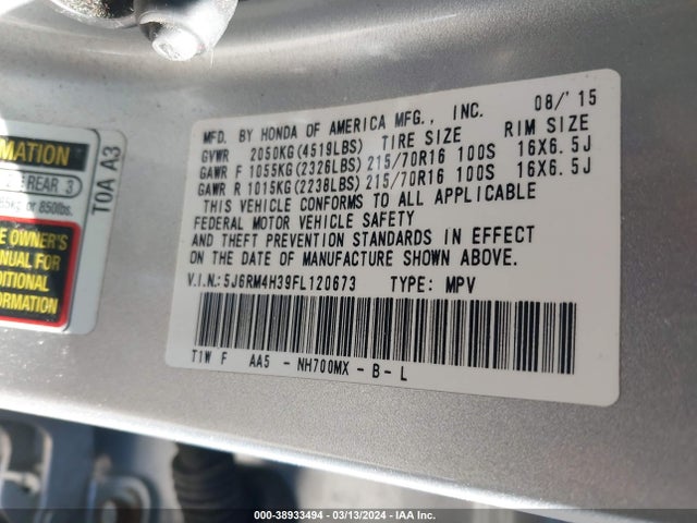 Honda CR-V LX 2015 5J6RM4H39FL120673 Image 9