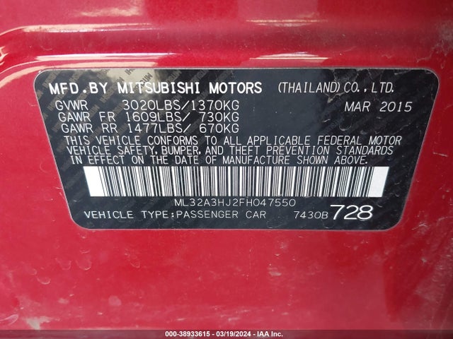 Mitsubishi Mirage De/rf 2015 ML32A3HJ2FH047550 Image 9