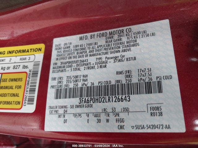 Ford FUSION SE 2020 3FA6P0HD2LR126643 Image 9