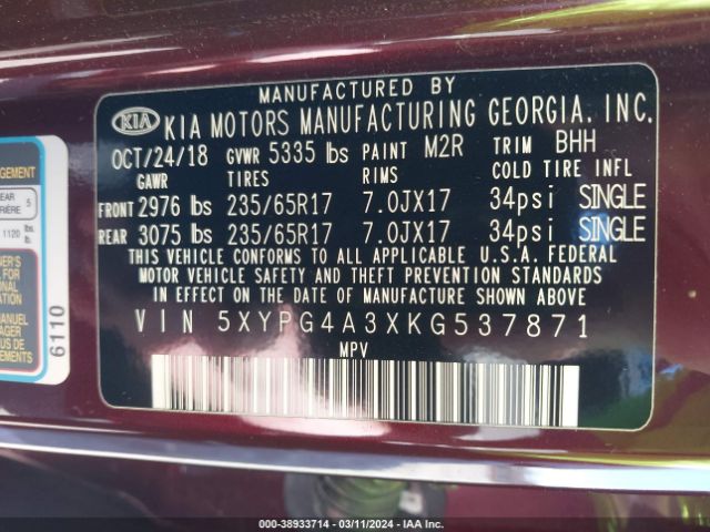 5XYPG4A3XKG537871 KIA Sorento 2.4l Lx