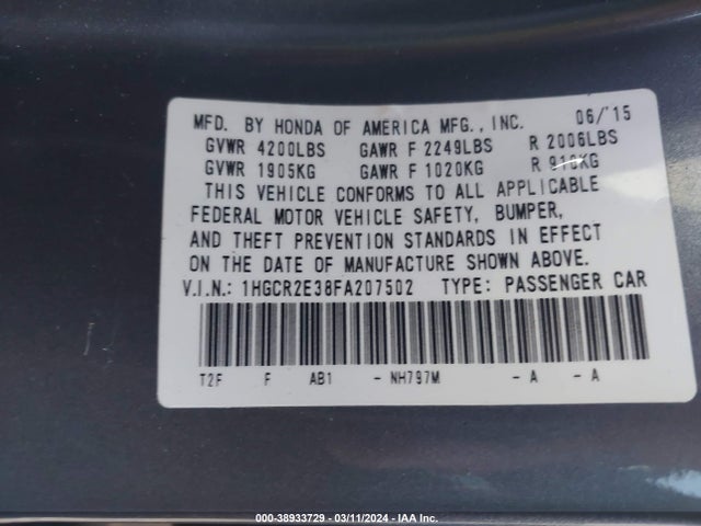 Honda ACCORD LX 2015 1HGCR2E38FA207502 Image 9