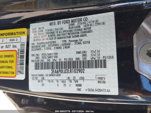 Ford Fusion Hybrid Se 2020 3FA6P0LU2LR102902 Image 9