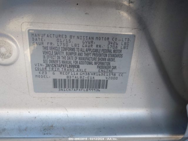3N1CN7APXFL899936 Nissan Versa 1.6 S/1.6 S+/1.6 Sl/1.6 Sv