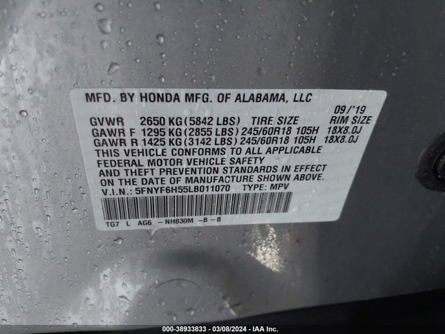 Honda Pilot Awd Ex-l 2020 5FNYF6H55LB011070 Image 9