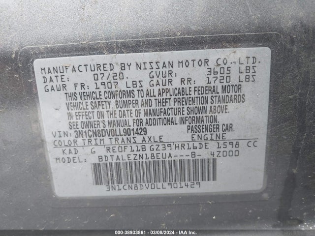 Nissan Versa S Xtronic Cvt 2020 3N1CN8DV0LL901429 Image 9