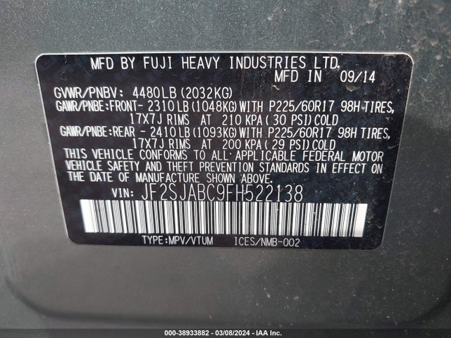 Subaru Forester 2.5i 2015 JF2SJABC9FH522138 Image 9