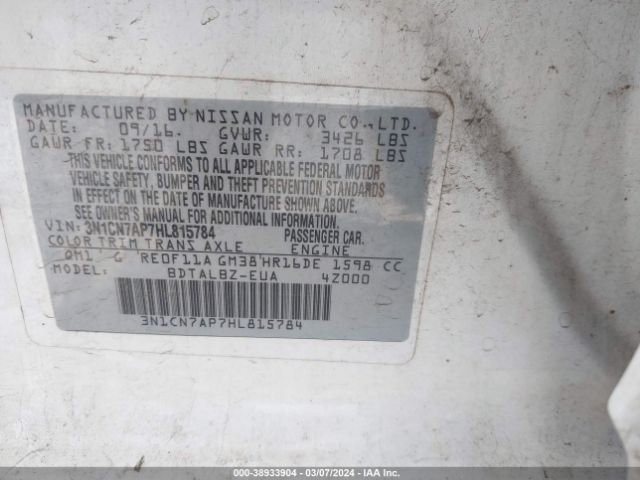 3N1CN7AP7HL815784 Nissan Versa 1.6 S/1.6 S+/1.6 Sl/1.6 Sv