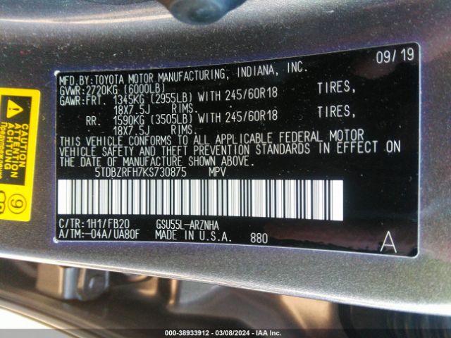 5TDBZRFH7KS730875 Toyota Highlander Le