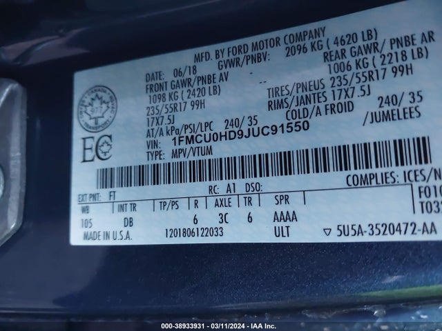 Ford ESCAPE SEL 2018 1FMCU0HD9JUC91550 Image 9
