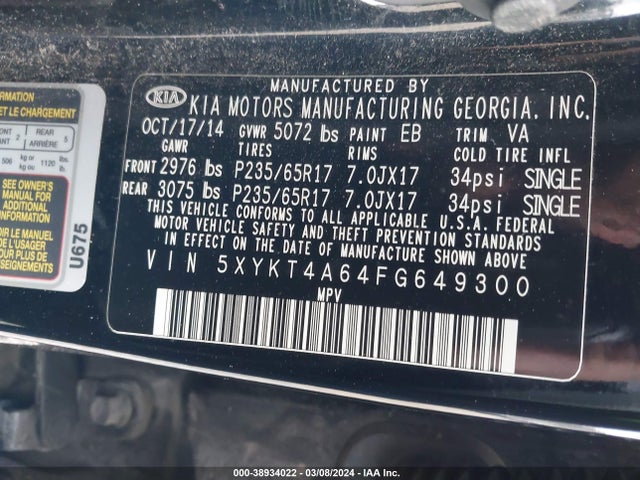 KIA SORENTO LX 2015 5XYKT4A64FG649300 Image 9
