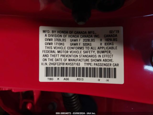 2HGFC2F81KH537163 Honda Civic Sport