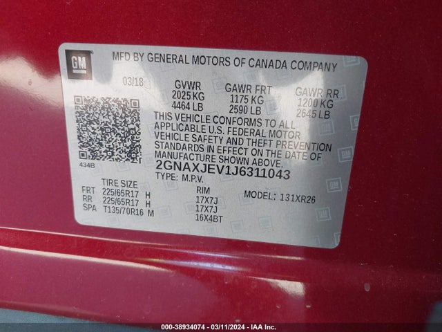 Chevrolet EQUINOX LT 2018 2GNAXJEV1J6311043 Image 9