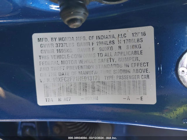 Honda CIVIC EX 2017 19XFC2F71HE013179 Image 9