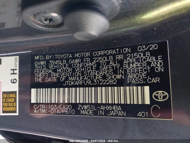 Toyota PRIUS XLE 2020 JTDKARFU9L3122282 Image 9