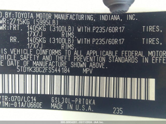 Toyota Sienna Xle 8 Passenger 2015 5TDYK3DC2FS544184 Image 9