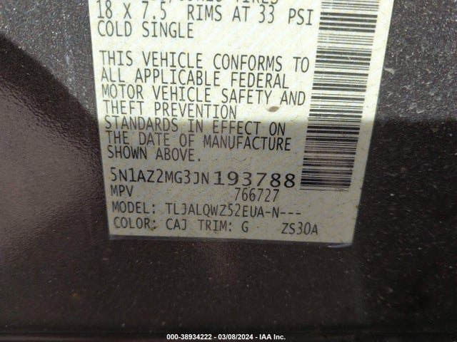 Nissan MURANO SV 2018 5N1AZ2MG3JN193788 Image 9