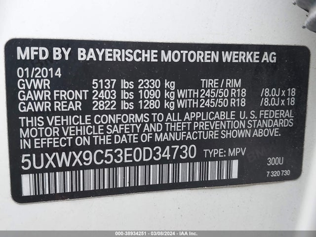 BMW X3 Xdrive28i 2014 5UXWX9C53E0D34730 Image 9