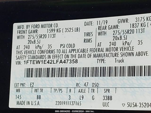 1FTEW1E42LFA47358 Ford F-150 Platinum