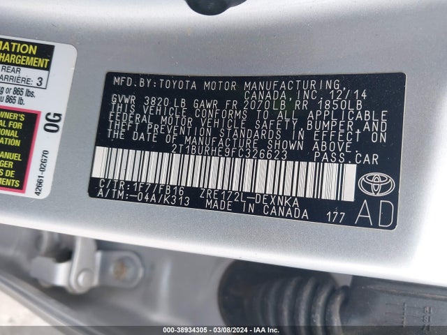 Toyota COROLLA LE 2015 2T1BURHE9FC326623 Image 9