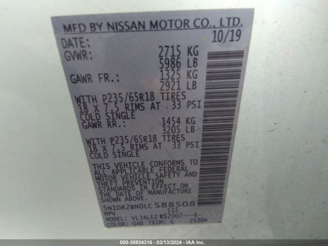 5N1DR2BN0LC588508 Nissan Pathfinder Sv 2wd